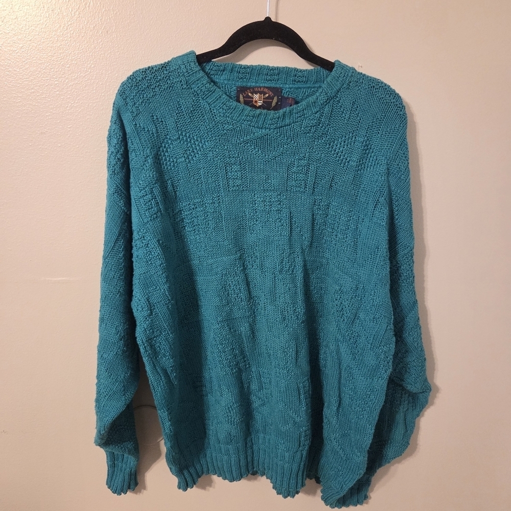 Lake Harmony Men's Vintage 100% Cotton Preppy Green Fisherman Chunky Sweater. XL